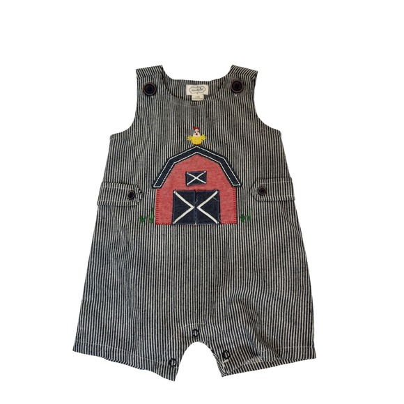 Mud Pie Romper Boys 6-9 Months Blue White Stripe Barn Cow Chicken Farm Animal - Picture 1 of 6